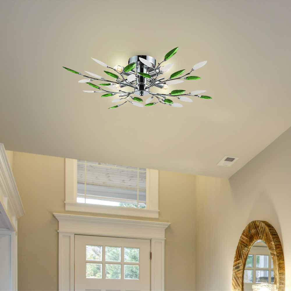 Happy Homewares Chrome Semi Flush Ceiling Light Fitting with Green and Frosted Leaves - image 2