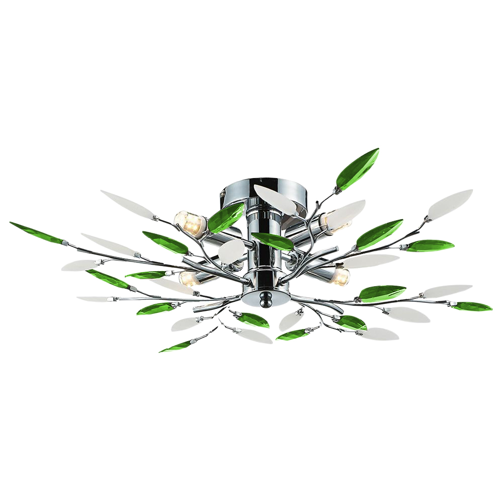 Modern semi-flush chrome ceiling light featuring emerald green and frosted leaves, with a stylish branch design and multiple light bulbs for illumination.