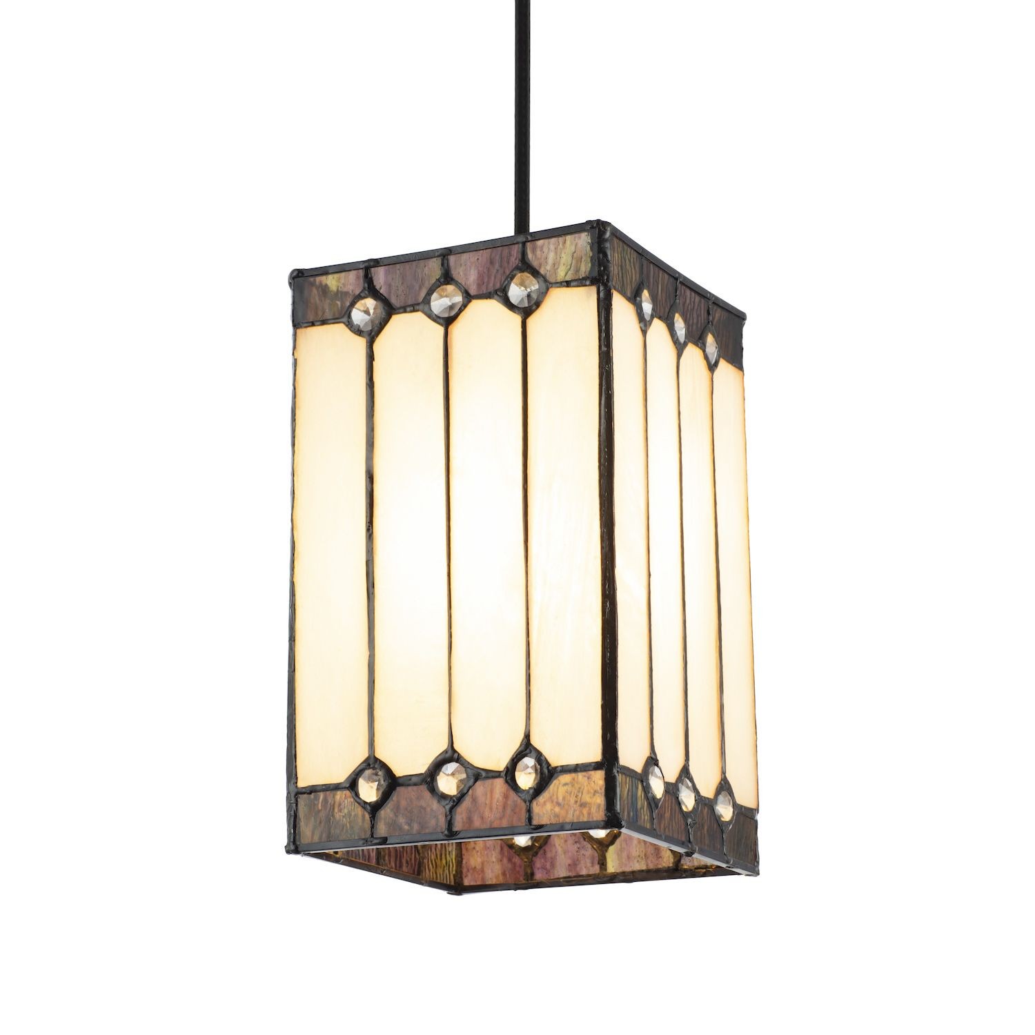 Square pendant shade in opal white stained glass with clear beads, featuring a geometric design and black metal accents, ideal for adding elegance to any space.