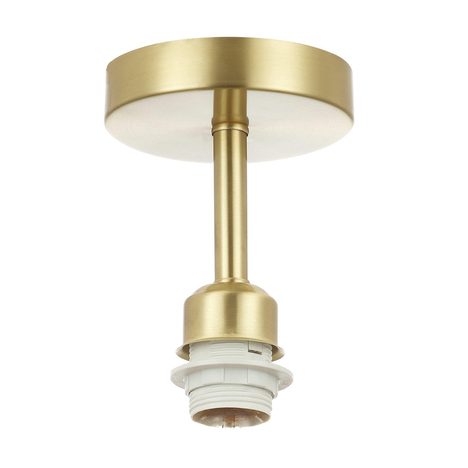 Satin brass gold-plated ceiling light fitting featuring a sleek round canopy and a stylish socket designed for industrial-style light bulbs.