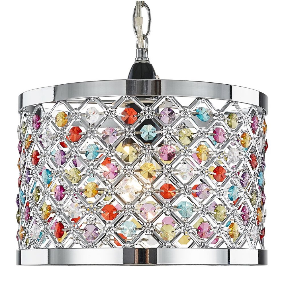 Modern ceiling pendant light shade featuring a chrome frame adorned with multi-colored beads in red, yellow, green, and blue, creating a sparkling effect.