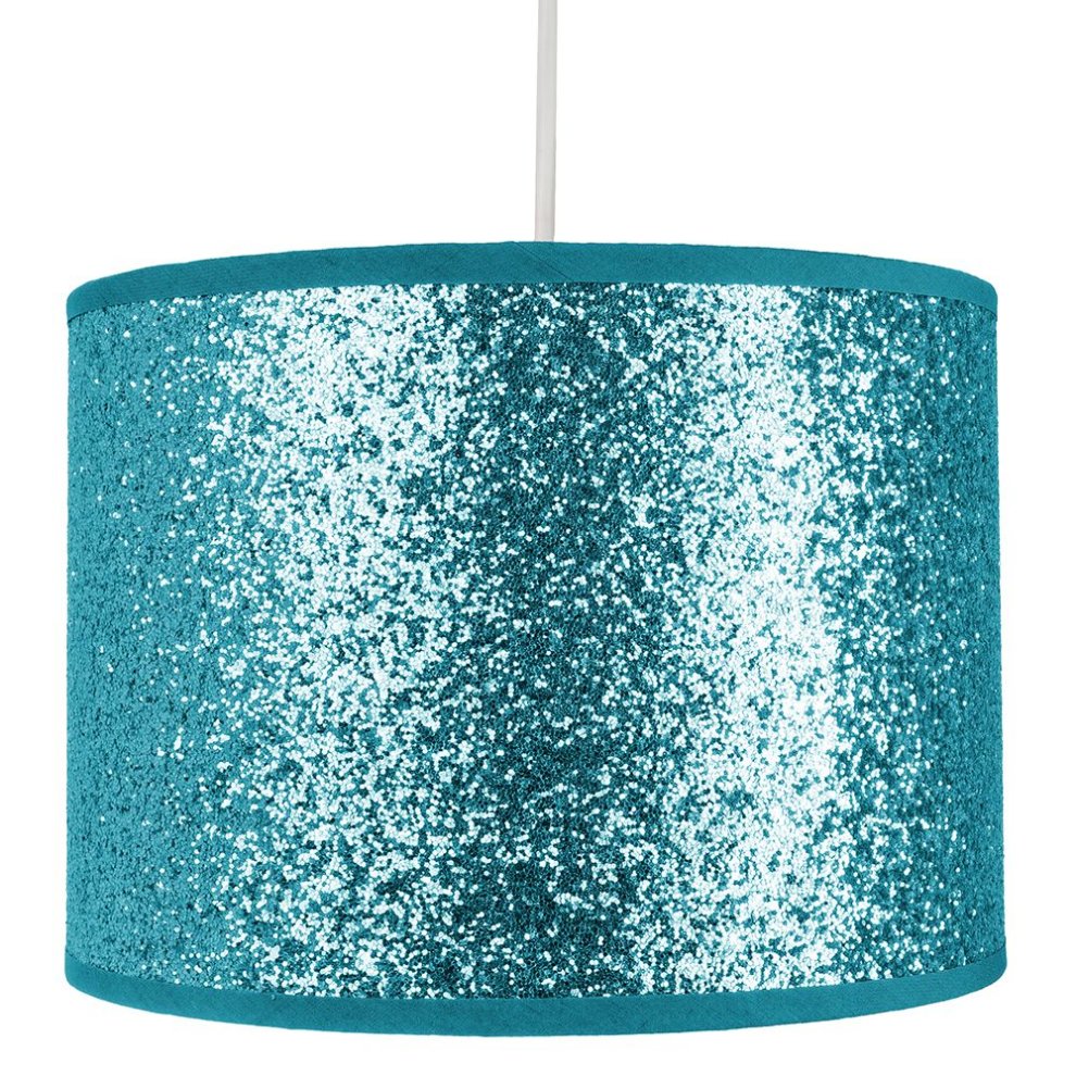 Bright turquoise glitter fabric pendant lamp shade with a smooth finish, featuring a contrasting solid turquoise trim around the top and bottom edges.