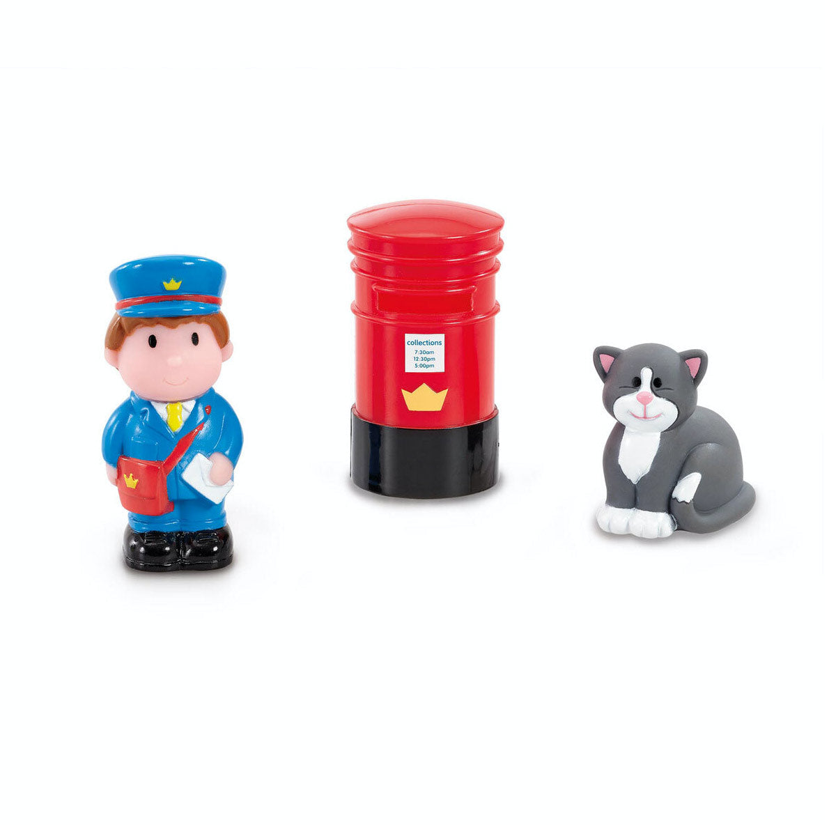 Bright red post box with a black base, accompanied by a smiling postal figure in a blue uniform and a gray cat with white paws, all made from durable plastic.