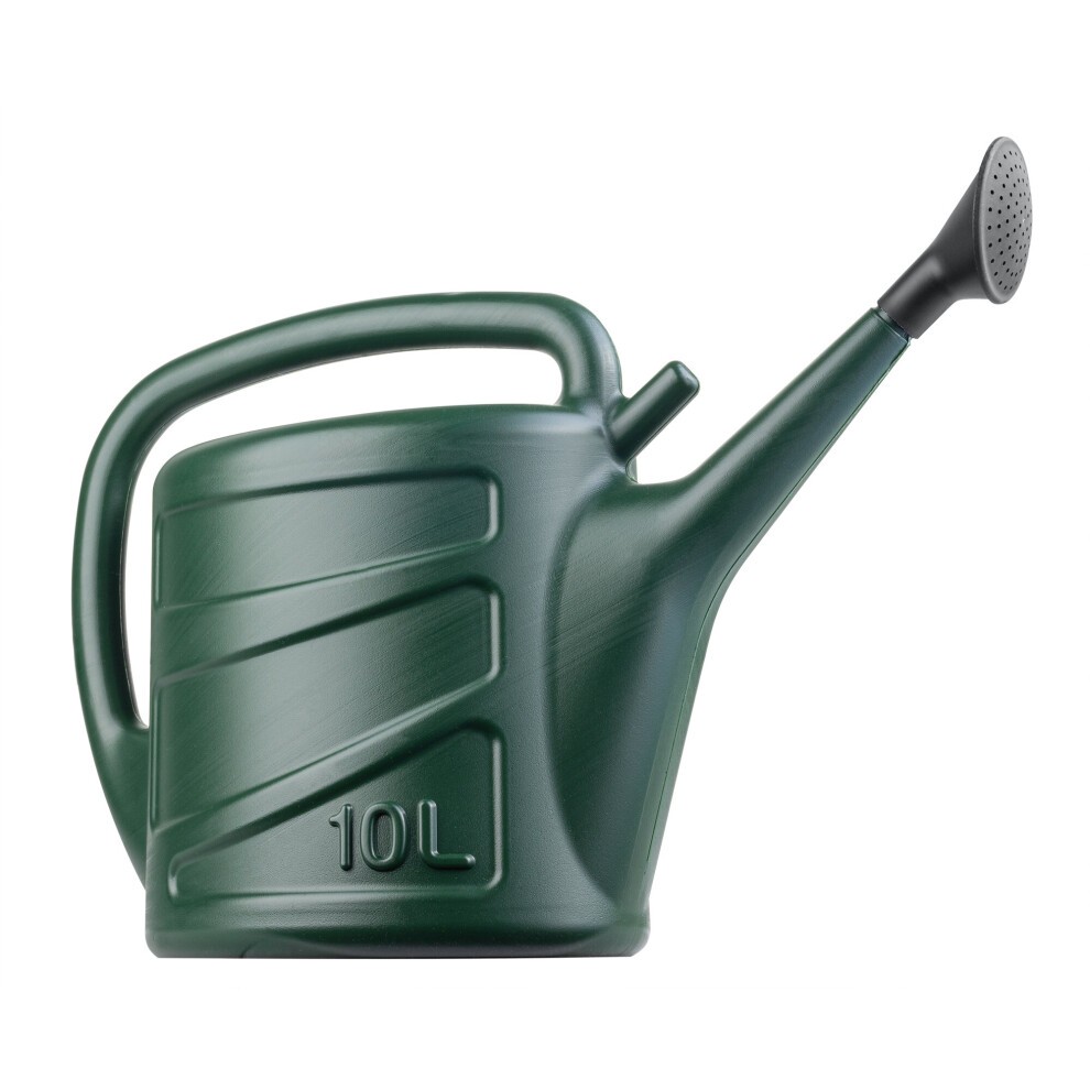 Green 10L watering can made of durable plastic, featuring a detachable rose head for controlled pouring and a sturdy handle for easy carrying.