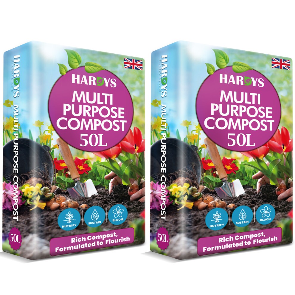 Two bags of Hardys Multi Purpose Compost, each 50L, featuring vibrant floral graphics, a blue and green color scheme, and icons indicating nutrients and sustainability.