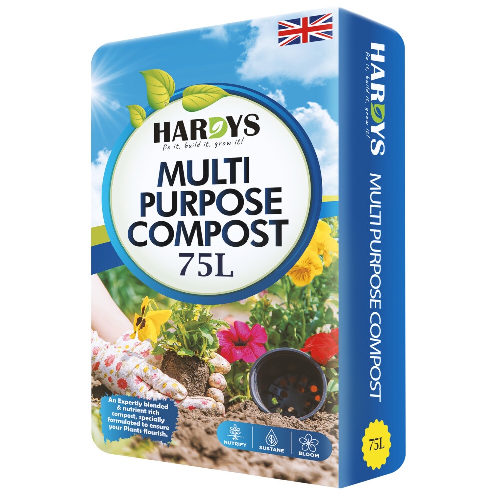 Bright blue bag of Hardys Multi Purpose Compost, 75L, featuring colorful flowers and gardening gloves on the front, highlighting its suitability for indoor and outdoor use.