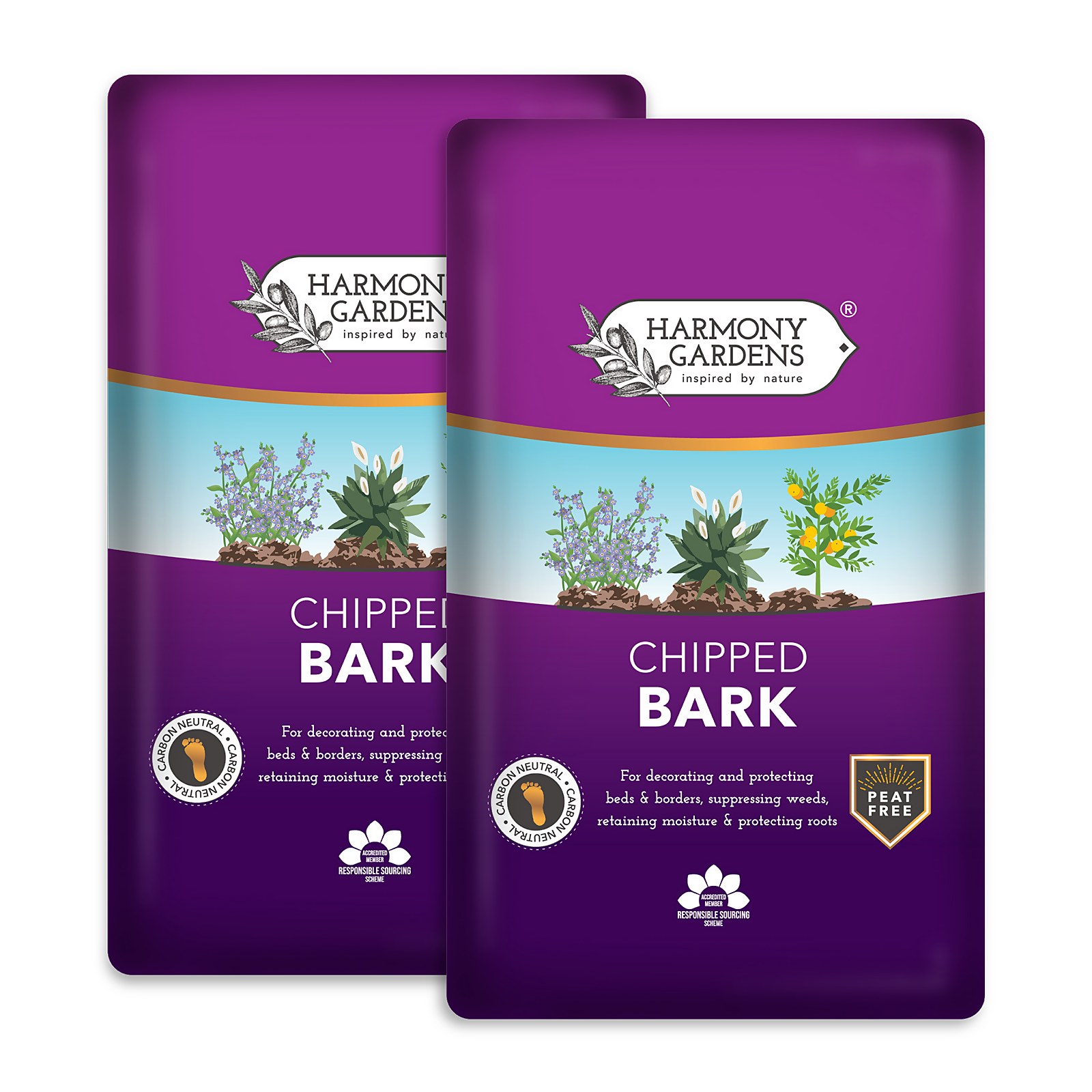 Two purple bags of Harmony Gardens Bark Chip, 50L each, featuring a logo and images of plants, designed for landscaping, moisture retention, and weed suppression.
