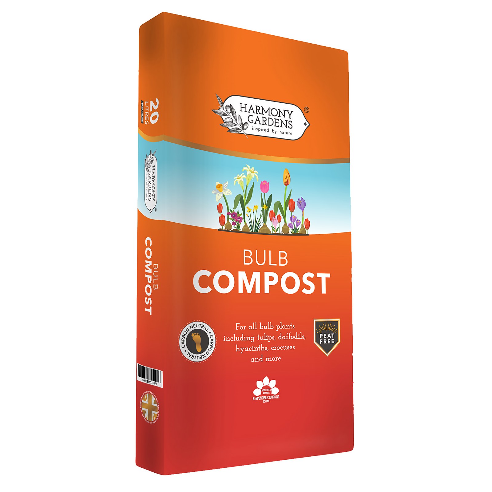 Orange and white 20L bag of Harmony Gardens Bulb Fibre Compost, featuring colorful flower illustrations and text indicating it's peat-free, suitable for various bulb plants.