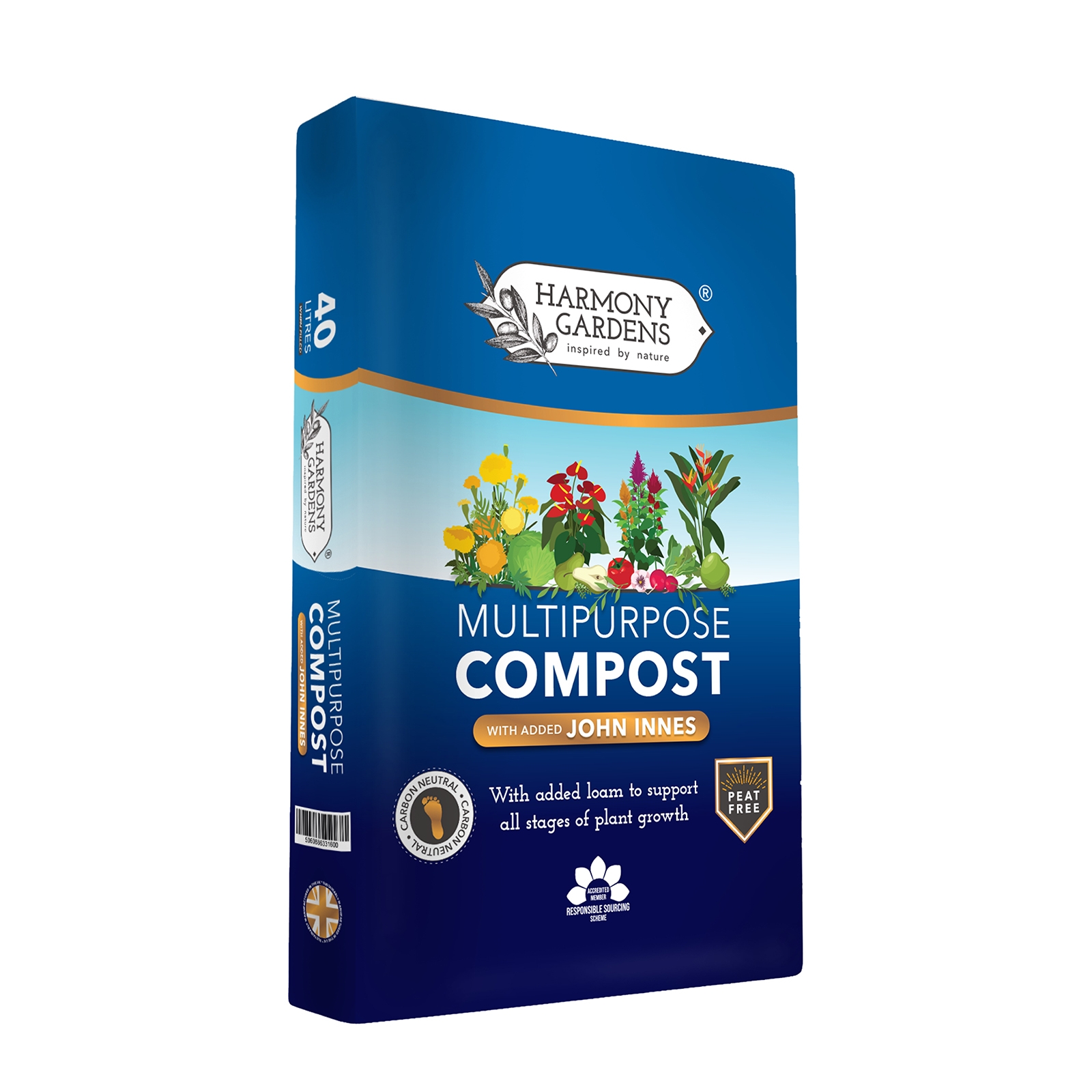 Blue and white bag of Harmony Gardens Multi-Purpose Compost with Added John Innes, featuring colorful floral graphics and text highlighting its suitability for all stages of plant growth.