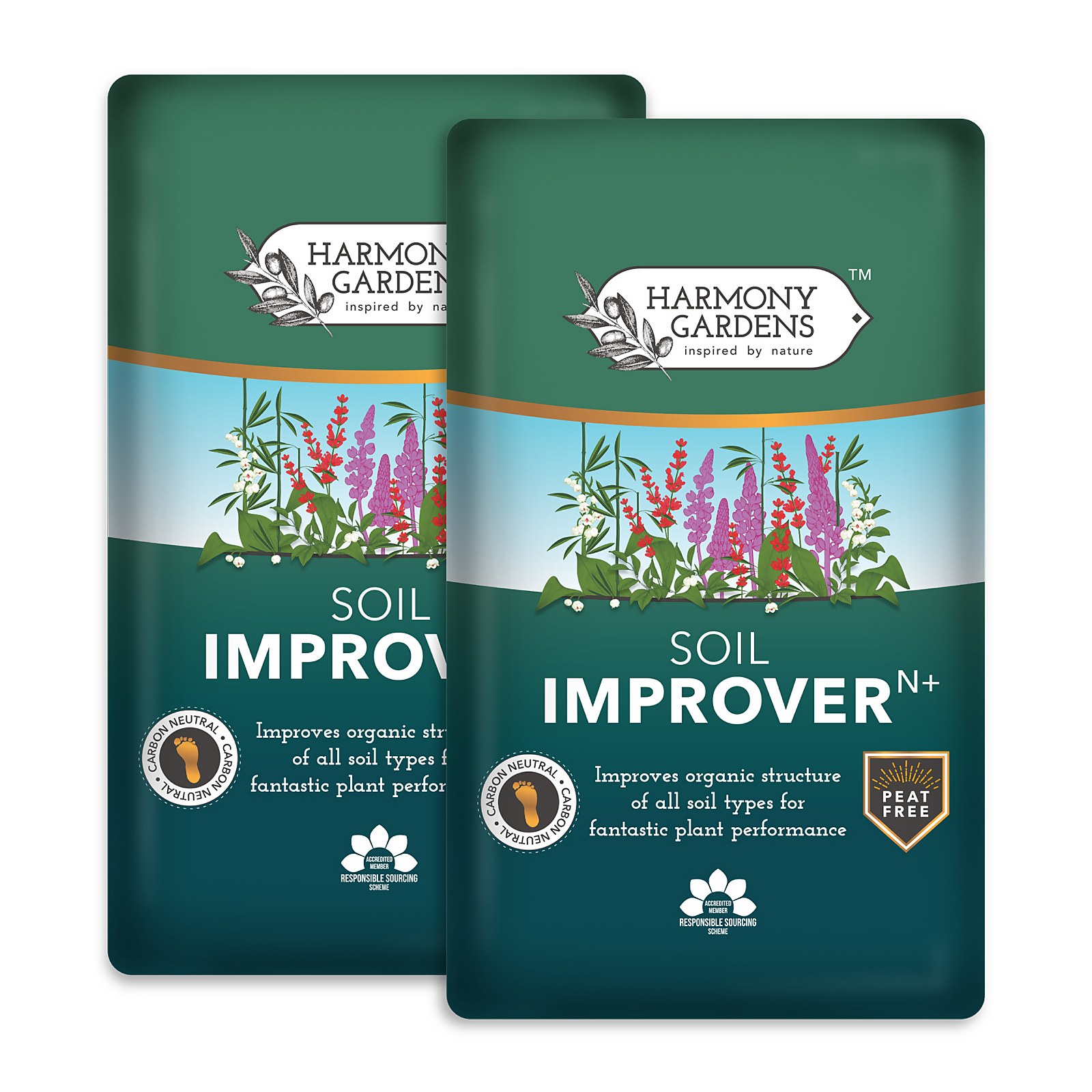 Green packaging featuring "Harmony Gardens Soil Improver - 50L" with colorful illustrations of flowers, emphasizing its organic benefits and peat-free formulation.