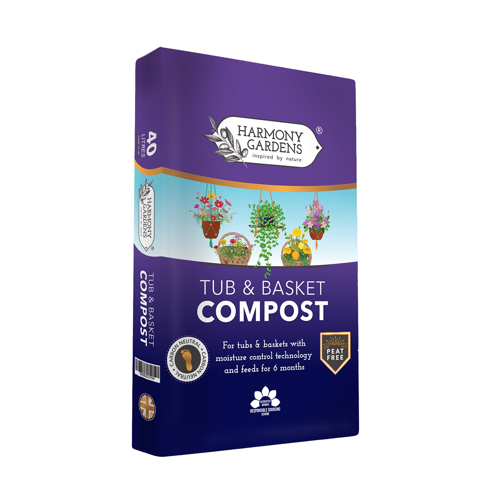 Purple and white bag of Harmony Gardens Tub & Basket Compost, 40L, featuring colorful illustrations of hanging plants and a moisture control technology label.