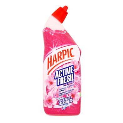 Harpic Active Fresh Toilet Cleaning Gel in a pink bottle with a red cap, featuring floral designs and the text "Pink Blossom" prominently displayed on the label.