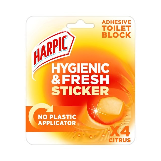 Harpic Hygienic & Fresh Citrus Toilet Cleaner Stickers in a vibrant orange and yellow packaging, featuring four adhesive blocks and a label stating "No Plastic Applicator."