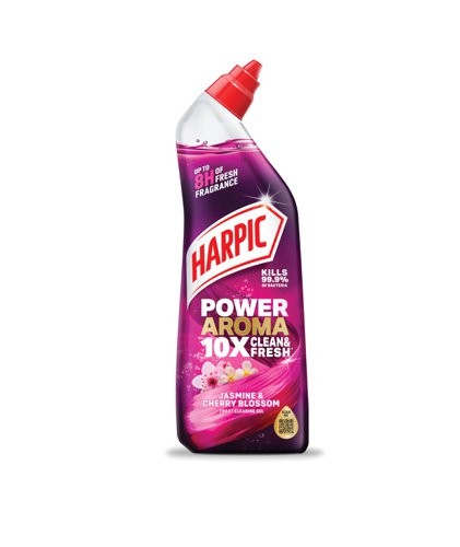 Harpic Power Aroma toilet cleaning gel in a purple and white bottle, featuring a red cap, with labels highlighting jasmine and cherry blossom scent and cleaning effectiveness.