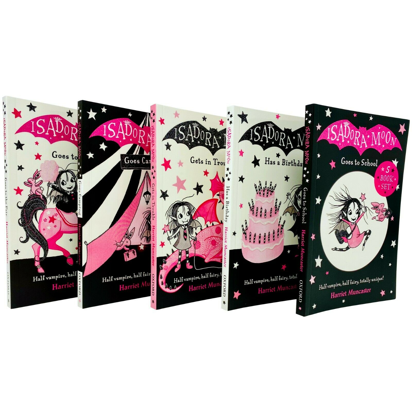 Five colorful children's books featuring whimsical illustrations, predominantly in pink and black, showcasing the adventures of Isadora Moon in various settings.