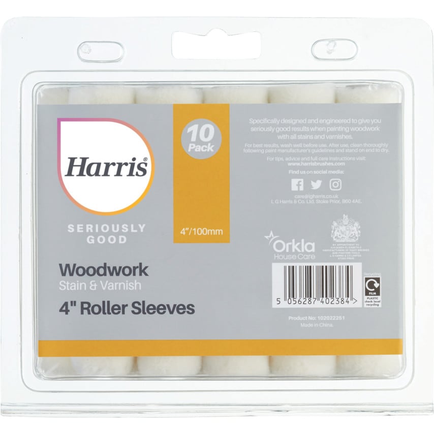 Harris 4" roller sleeves for woodwork stain and varnish, packaged in a clear plastic case, featuring a white color and labeled as a 10 pack with branding.