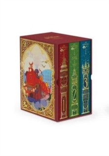 Red and gold box set featuring illustrated covers for "Harry Potter 1-3," with vibrant artwork of a train and whimsical designs on the spines.