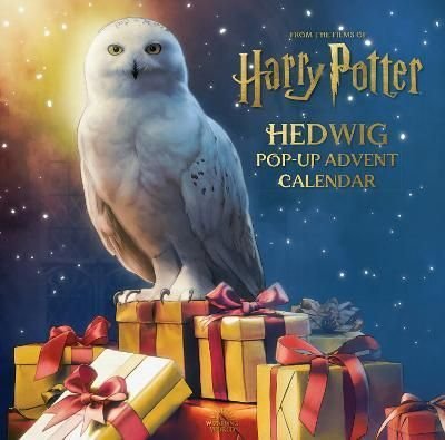 Hedwig the snowy owl sits atop colorful gift boxes with red bows, against a starry background, featuring "Harry Potter: Hedwig Pop-up Advent Calendar" in gold lettering.