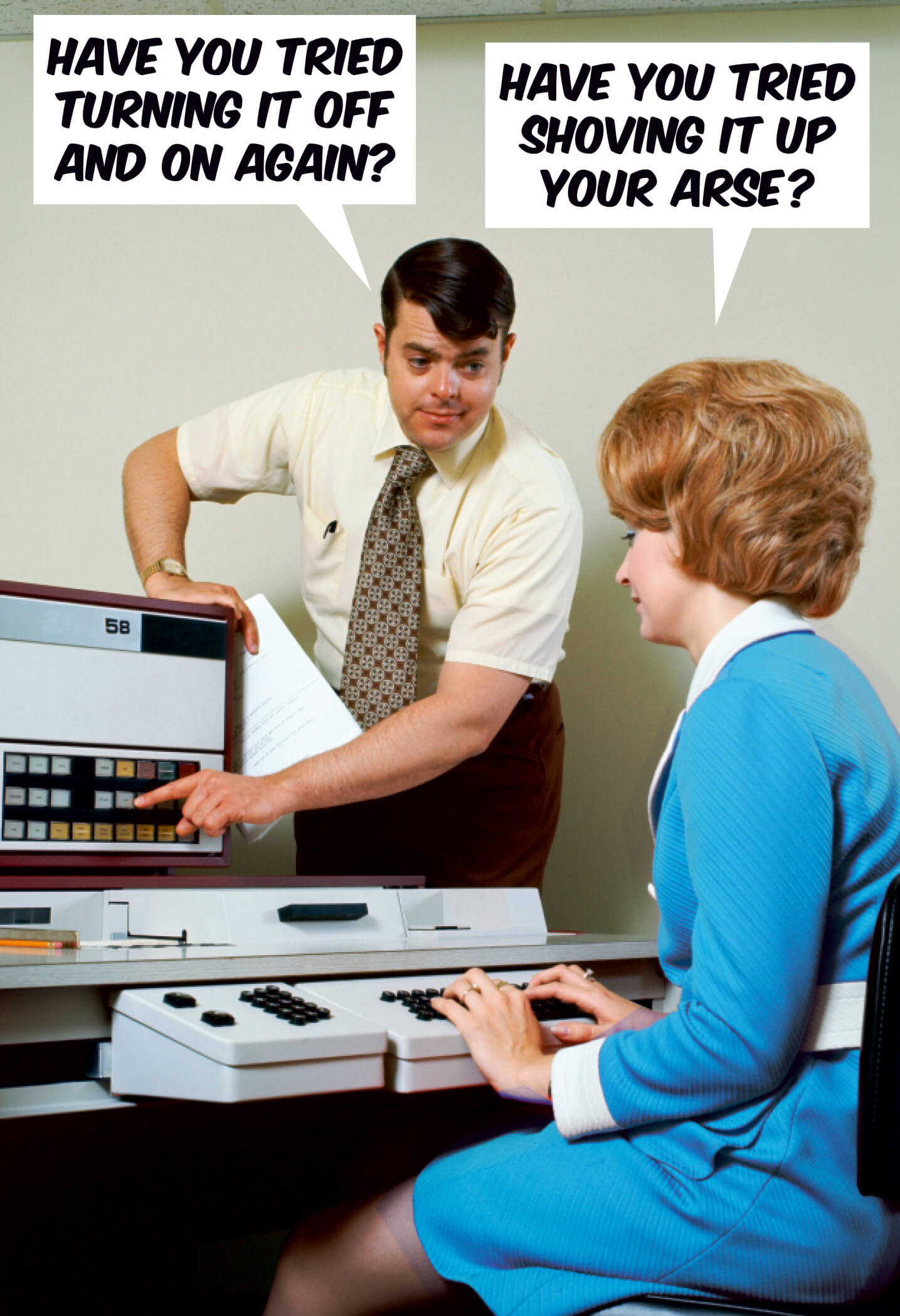 Fridge magnet featuring a retro design with a man in a tie pointing at a vintage computer, and a woman in a blue dress, both with humorous text about troubleshooting.
