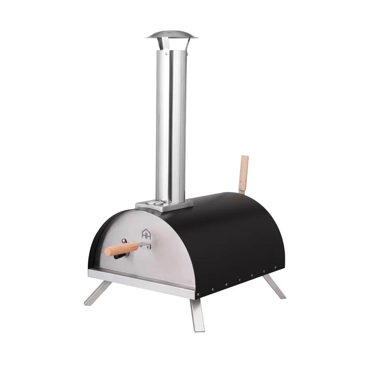 Black and silver gas and wood fuel pizza oven with a rounded body, stainless steel chimney, wooden paddle, and sturdy legs for outdoor cooking.