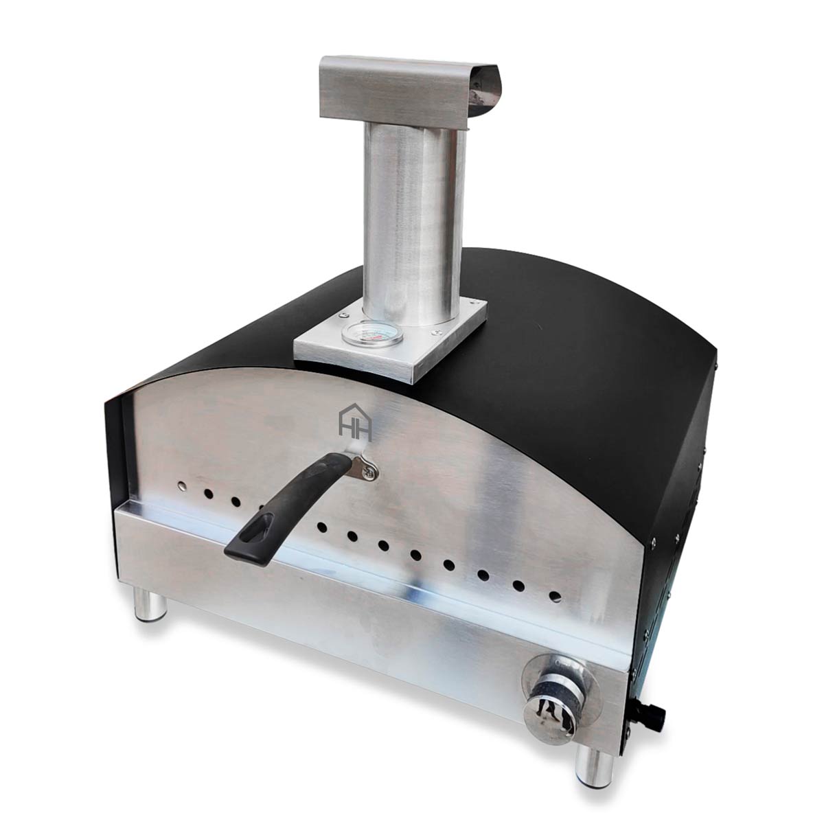 Haven gas-powered pizza oven in black and silver, featuring a stainless steel chimney, a pizza stone base, and a paddle, designed for outdoor cooking.