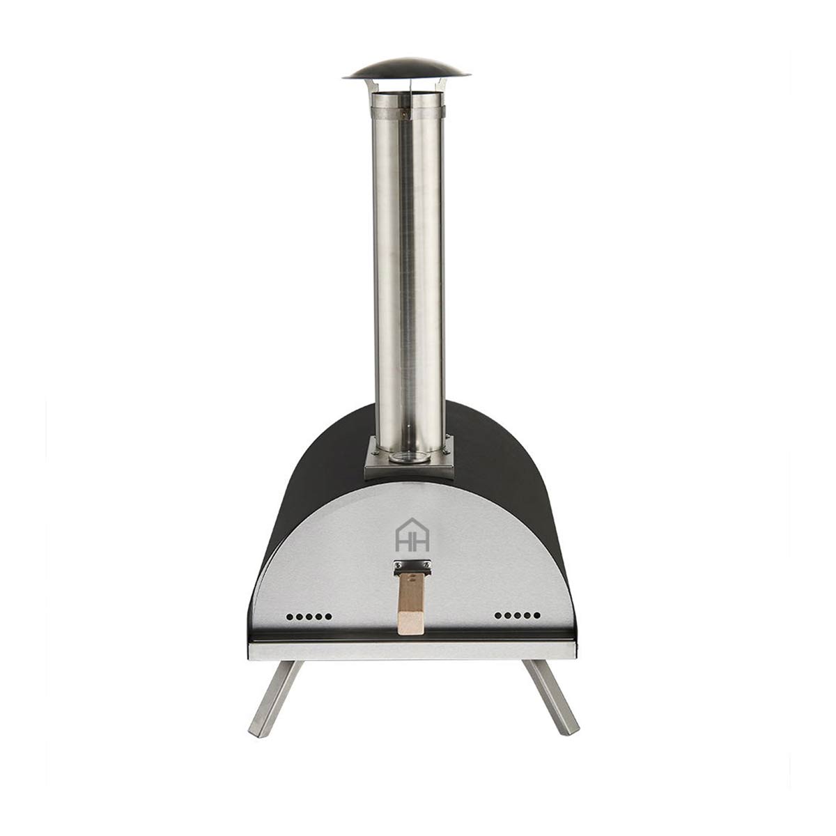 Haven pizza oven in black and silver, featuring a built-in thermometer, a rain cover, and a pizza paddle, with a stainless steel chimney and sturdy legs.
