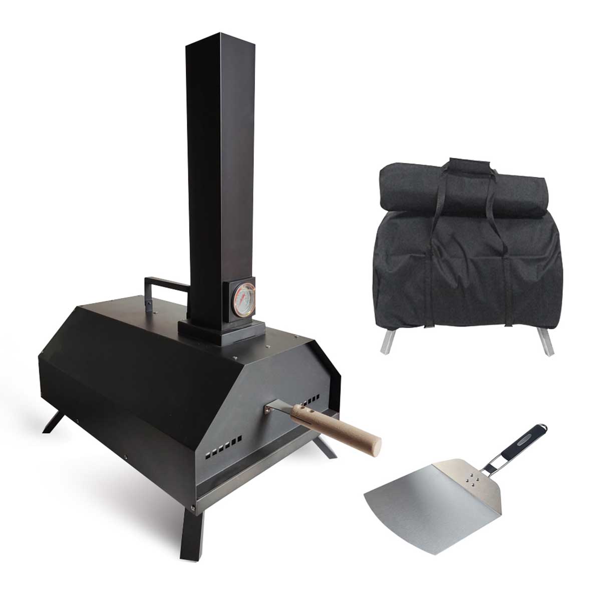 Black outdoor wood-fired pizza oven with a tall chimney, wooden handle, built-in thermometer, accompanied by a pizza stone, paddle, and a black rain cover.
