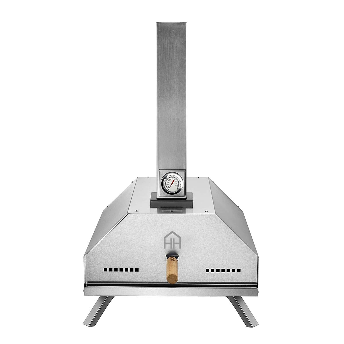 Haven Pizza Oven in silver stainless steel features a built-in thermometer, a chimney, ventilation holes, and includes a rain cover and pizza paddle.