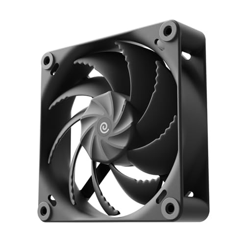 Black 120mm PWM fan with a sleek design, featuring a spiral blade pattern and four mounting holes for easy installation.