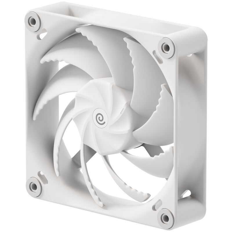 White 120mm PWM fan with a sleek design, featuring a spiral blade pattern, four mounting holes, and a smooth plastic finish for efficient airflow and cooling.