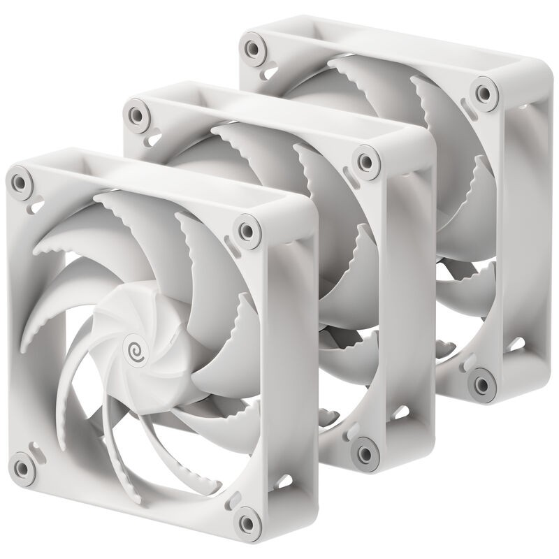 Three 120mm white PWM fans with a sleek design, featuring curved blades and a sturdy frame, ideal for efficient cooling in computer systems.