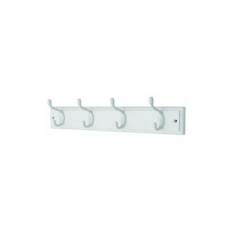 White wooden wall-mounted coat rack featuring four curved hooks for hanging items, designed by Headbourne.