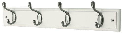 White wooden hook rail featuring four metal hooks with a satin nickel finish, designed for hanging items.