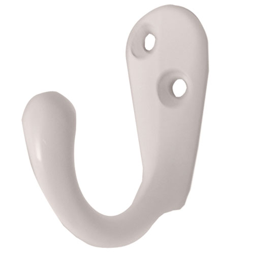Two white robe hooks made of durable material, featuring a smooth, rounded design with two mounting holes for easy installation.