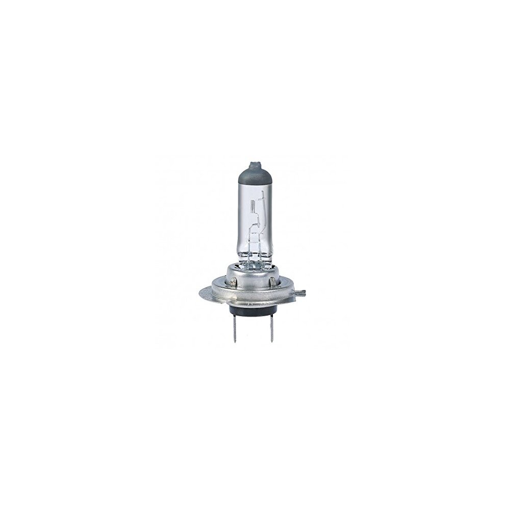 Clear glass H7 car headlight bulb with a silver metal base, featuring a UV filter and labeled 12V, 55W, designed for maximum visibility and compliance with ECE R-37 standards.