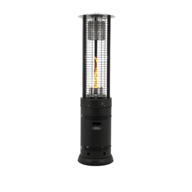 Black Santini Goliath Flame Heater by Heat Outdoors features a tall, cylindrical design with a glass flame chamber and a sturdy base, providing outdoor warmth and ambiance.