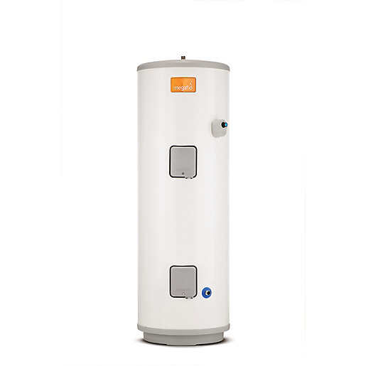 Tall, cylindrical unvented hot water cylinder in white with a grey base, featuring two access panels and a blue water inlet, labeled with the Heatrae Sadia logo.