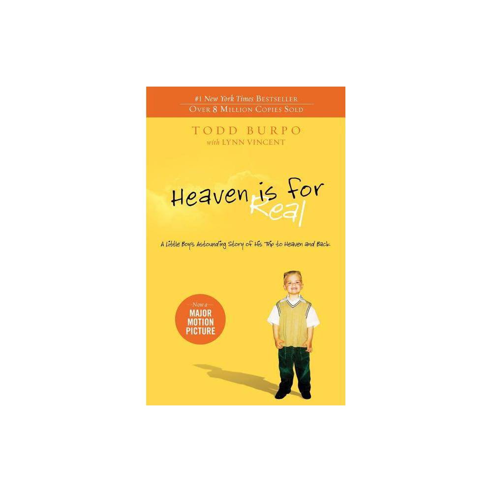 Bright yellow cover featuring the title "Heaven Is for Real" in bold white letters, with a photo of a young boy in a white shirt and blue pants, and text indicating it's a bestseller.