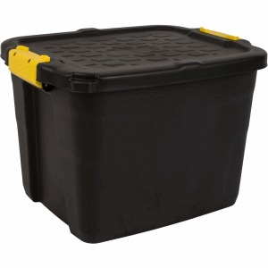 Black heavy-duty trunk with a textured lid, 42-litre capacity, featuring yellow clips for secure closure and sturdy plastic construction for durability.