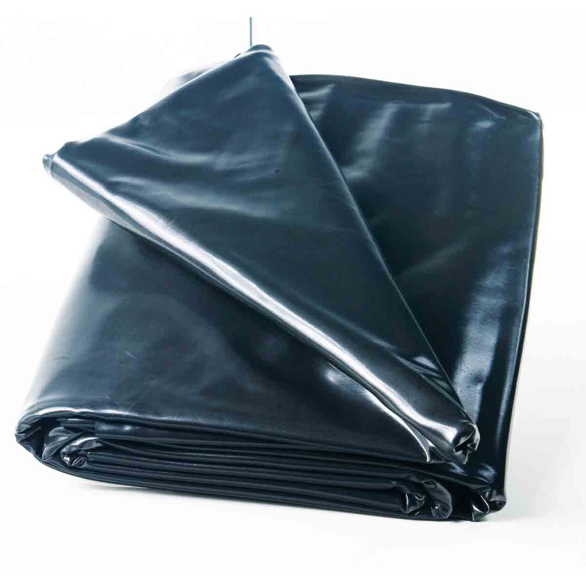 Black PVC pond liner measuring 3m x 4m, 0.5mm thick, folded neatly, showcasing a glossy surface and durable material ideal for pond construction.