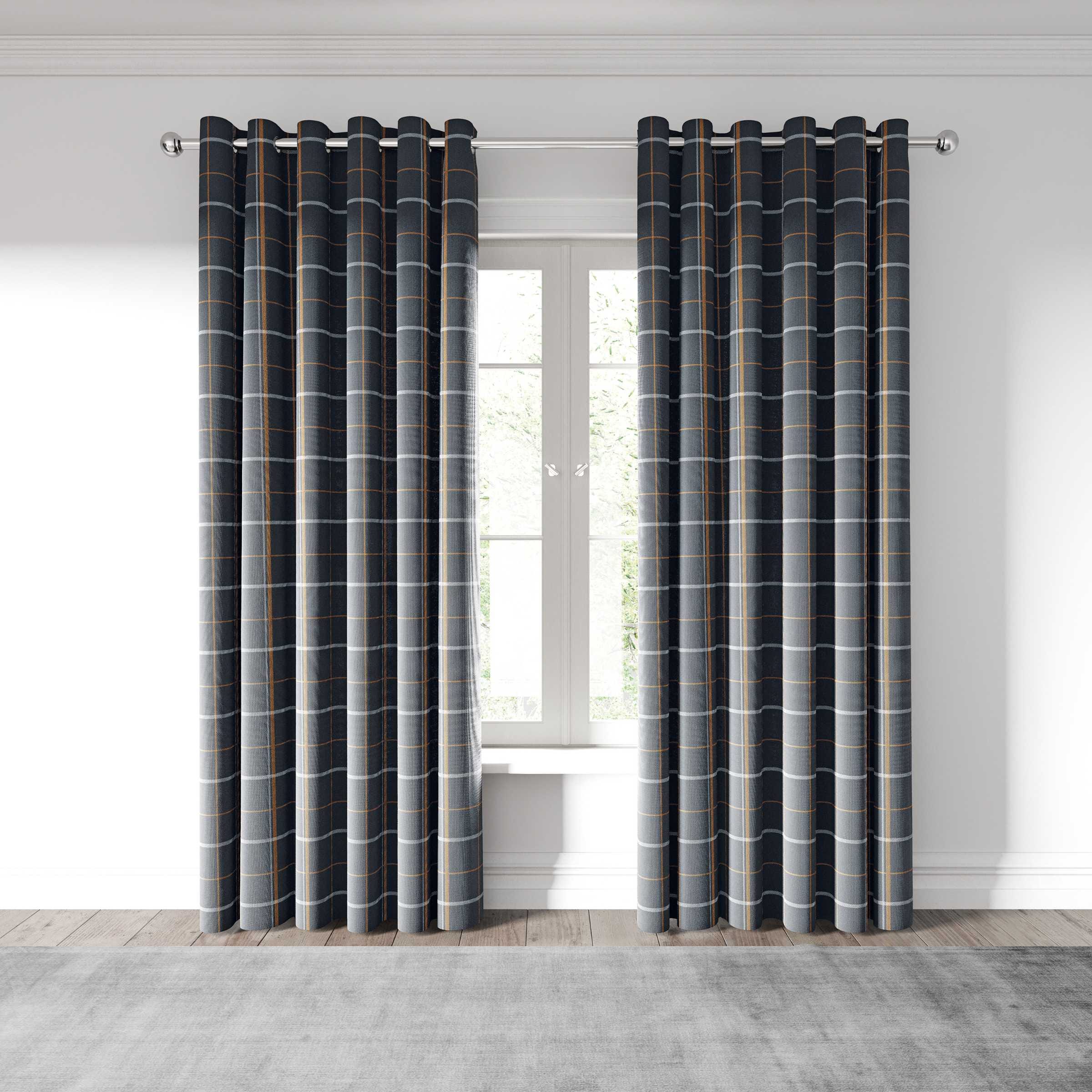 Woven lined curtains in charcoal with a geometric pattern, featuring a 229cm width and 229cm drop, hanging from silver curtain rings.