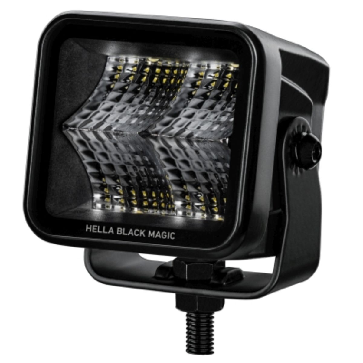 Black square LED floodlight with a clear lens, featuring four LED bulbs, 20 watts, 1400 lumens, and a mounting bracket, designed for agricultural and vehicle use.