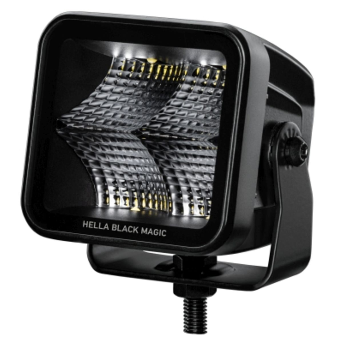 Black square LED floodlight with clear lens, featuring a textured reflector, mounted on a metal bracket, designed for agricultural and vehicle use, producing 3000 lumens.