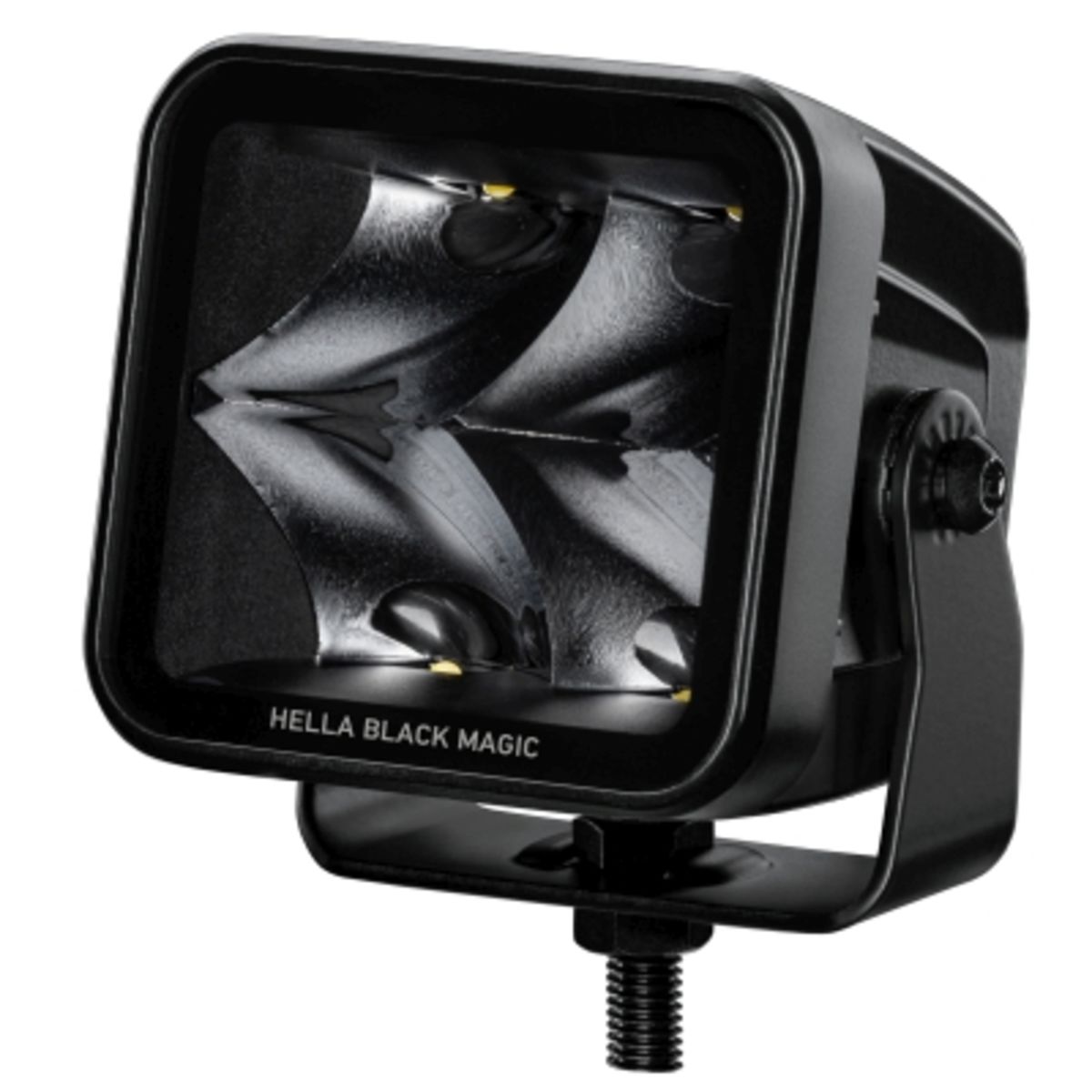 Black square LED light with a sturdy metal frame, featuring four clear LED bulbs, designed for agricultural and vehicle use, providing 3000 lumens at 40 watts.