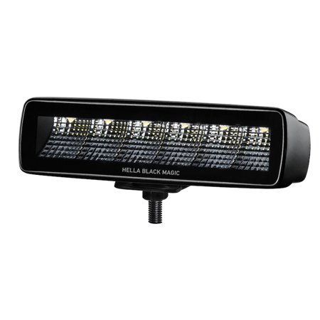 Black Series 6-LED Minibar Flood Beam Light by Hella, featuring a sleek black housing, multiple LED lights, and a sturdy mounting bracket for versatile installation.