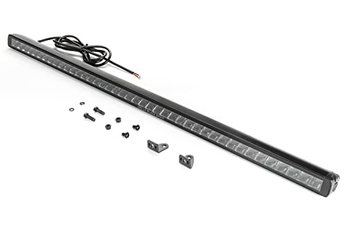 Black LED light bar with multiple LED lights, a sleek design, and a sturdy mounting bracket, accompanied by screws and wiring for installation.