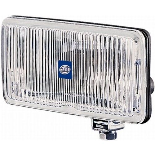Hella 005860201 headlamp features a rectangular chrome housing with a ribbed lens, a blue Hella logo, and a mounting bracket for easy installation.
