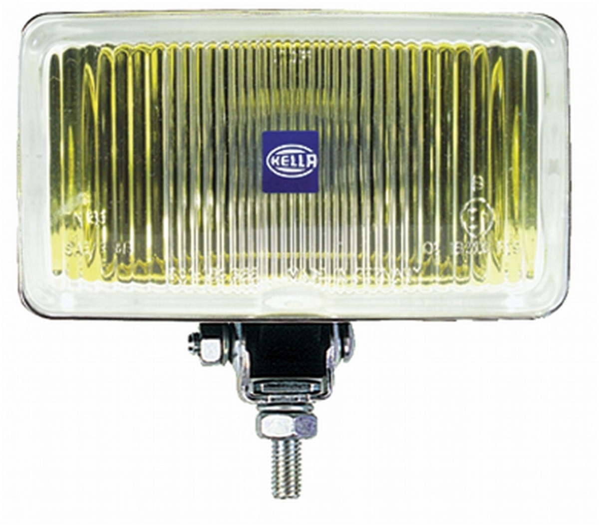 12V 450 single amber fog lamp by Hella featuring a rectangular design with a yellow lens, ribbed surface, and a sturdy metal mounting bracket.