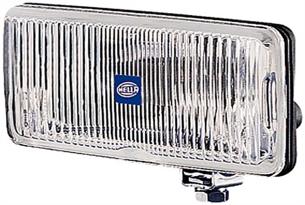 Hella 005700441 fog light features a rectangular chrome housing with vertical grooves, a blue Hella logo, and a metal mounting bracket.