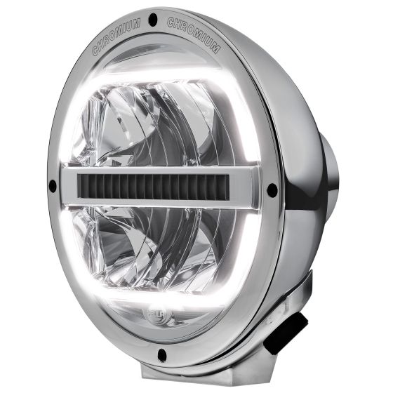 Round chrome LED lamp with a clear lens, featuring a central spotlight and a horizontal light bar, designed for high visibility and durability.